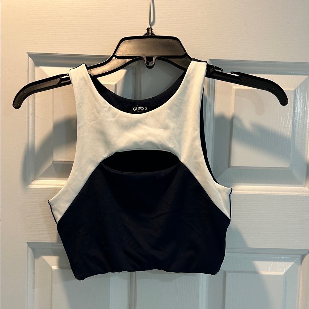 Guess Women's Navy and White Crop Top
